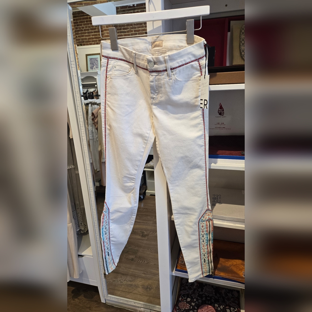 White Jeans with Colorful Embroidery
